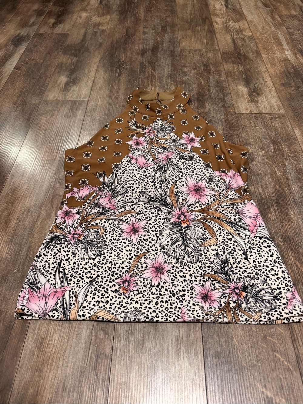 White House Black Market Brown, Pink & Black Floral Halter Top